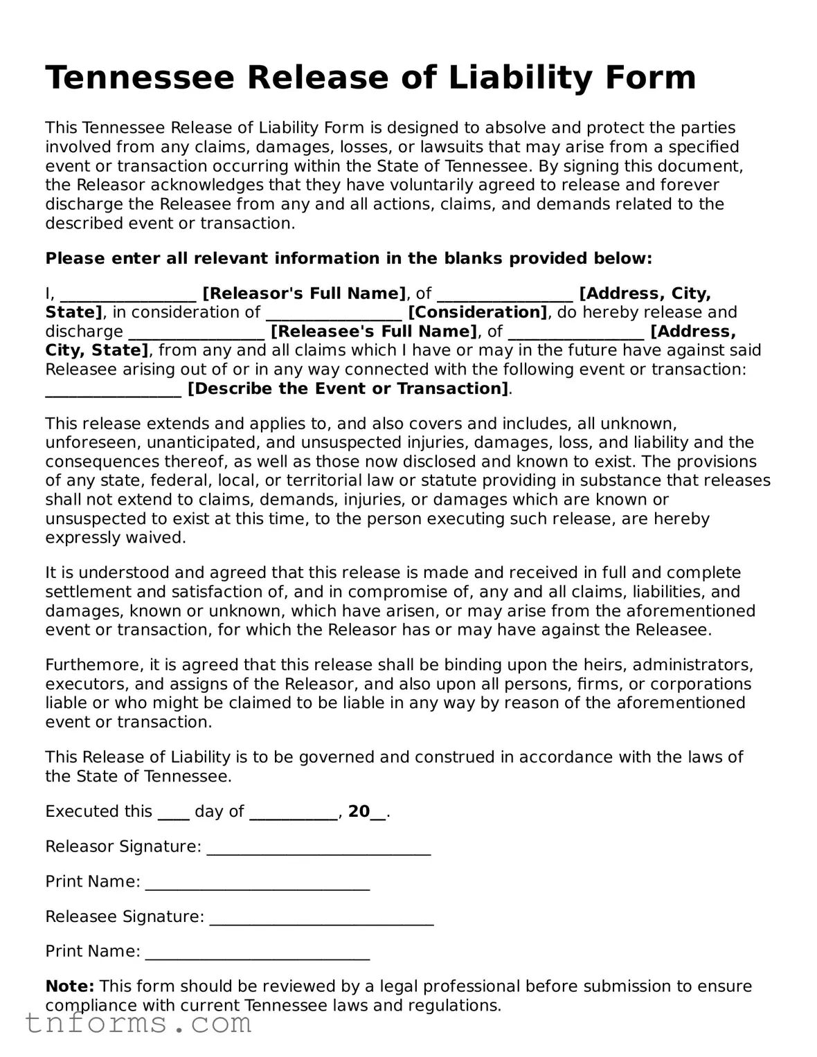 Release of Liability Template for Tennessee State