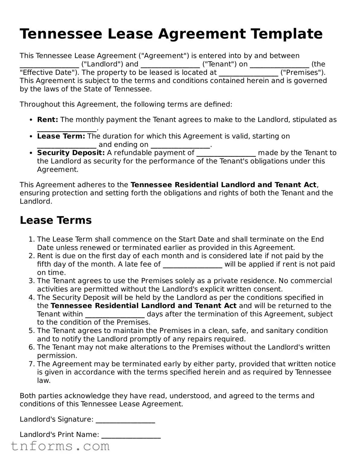 Lease Agreement Template for Tennessee State