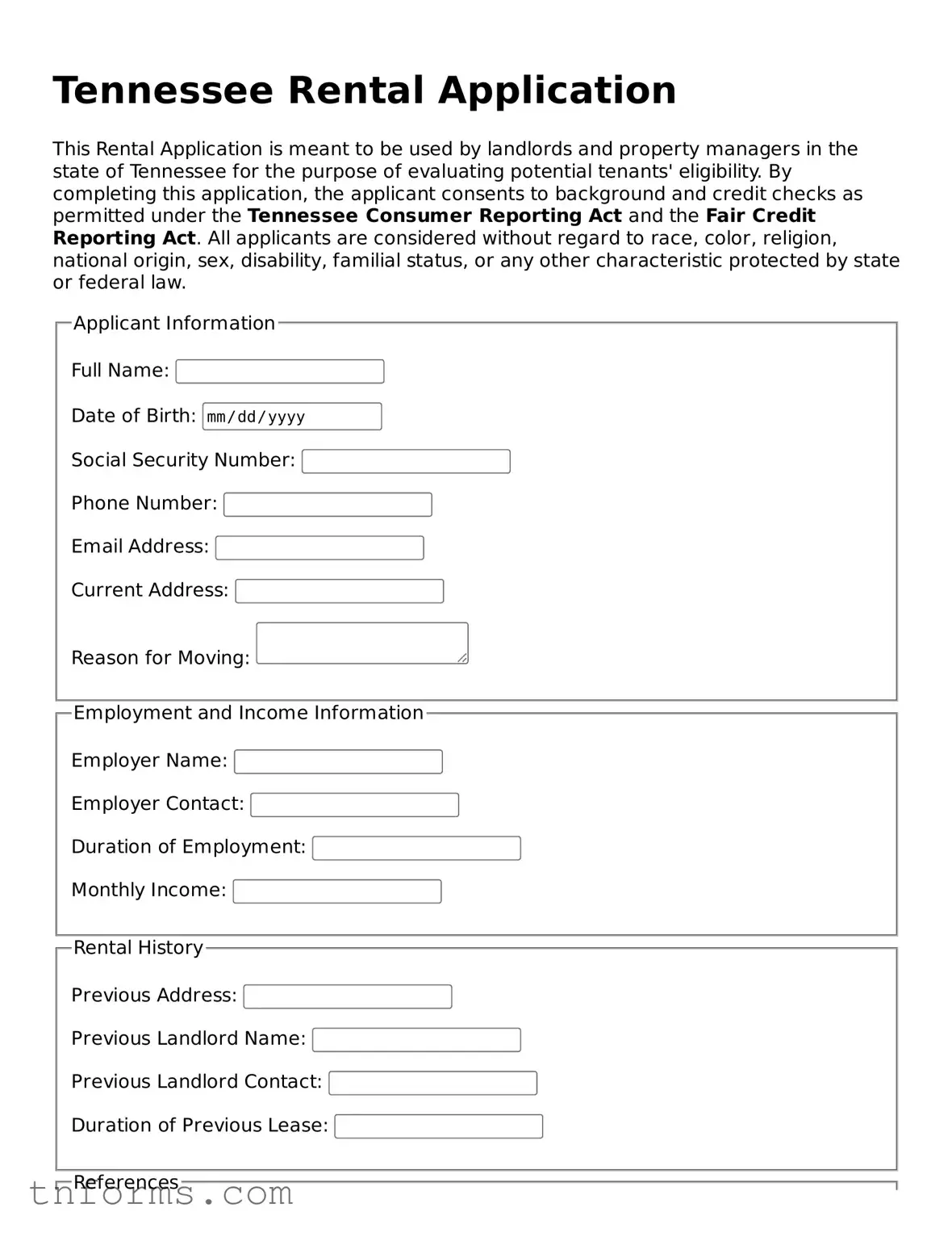 Rental Application Template for Tennessee State