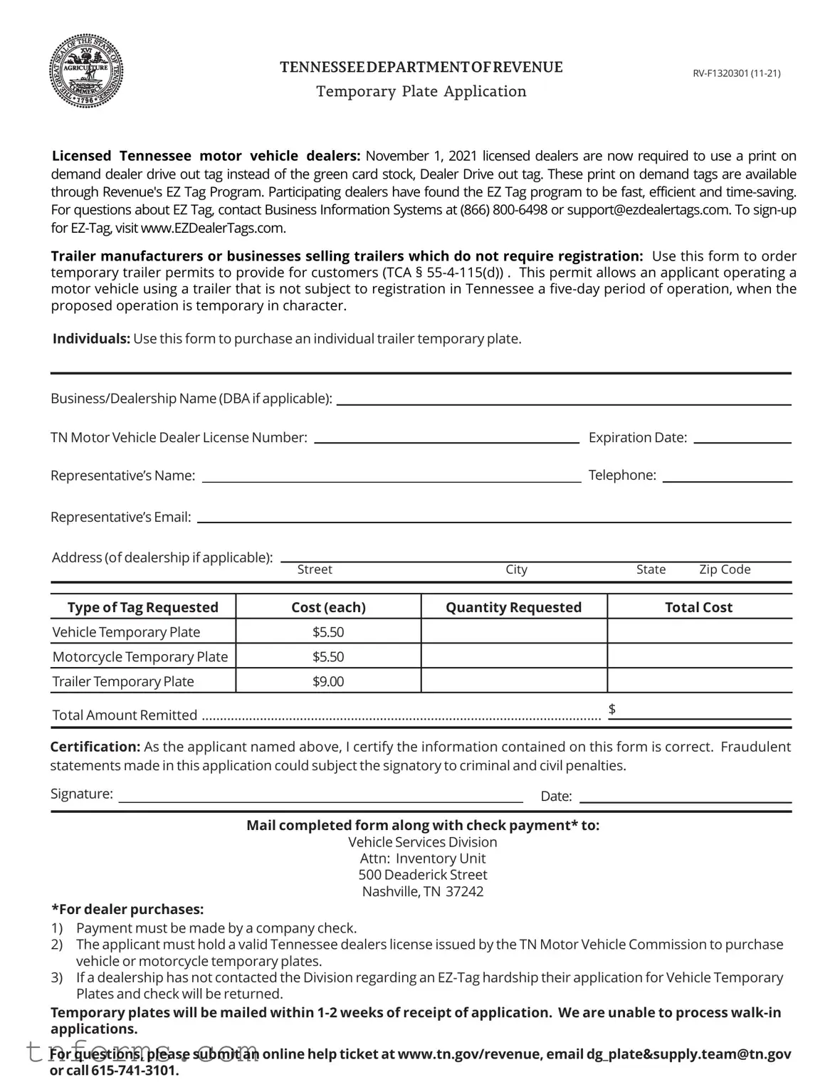 Fill Out a Valid Tennessee Temporary Plate Form