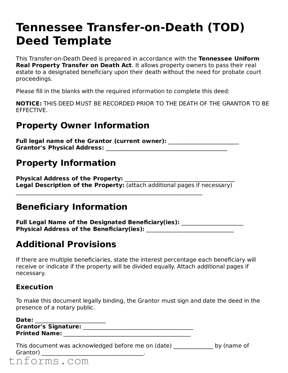 Transfer-on-Death Deed Template for Tennessee State