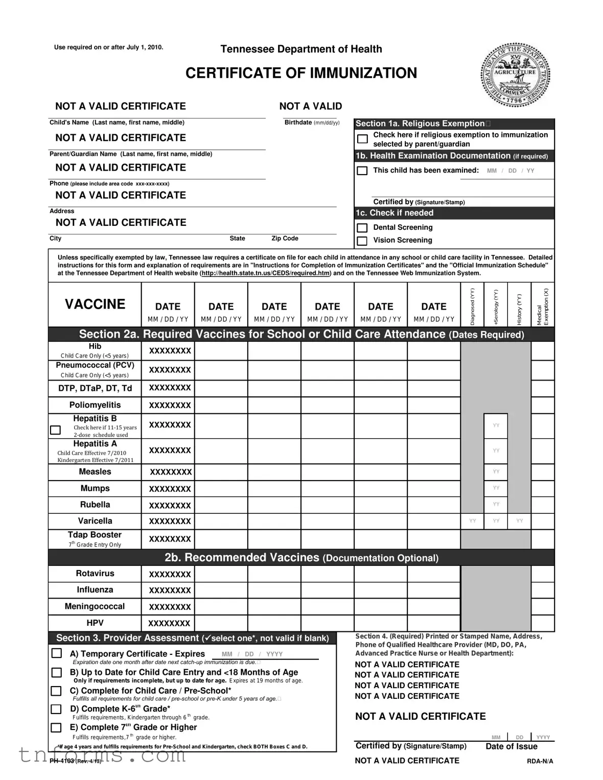 Fill Out a Valid Tn Immunization Form